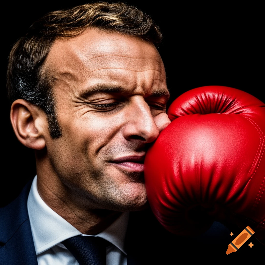 Emmanuel Macron's face grimaces from a red boxing glove punch, on a black background.