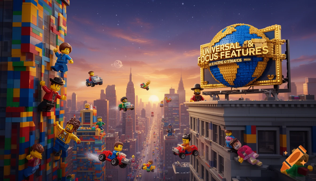 Lego characters fly and cling to buildings in a vibrant Lego city at sunset, with a large 'Universal & Focus Features' billboard.