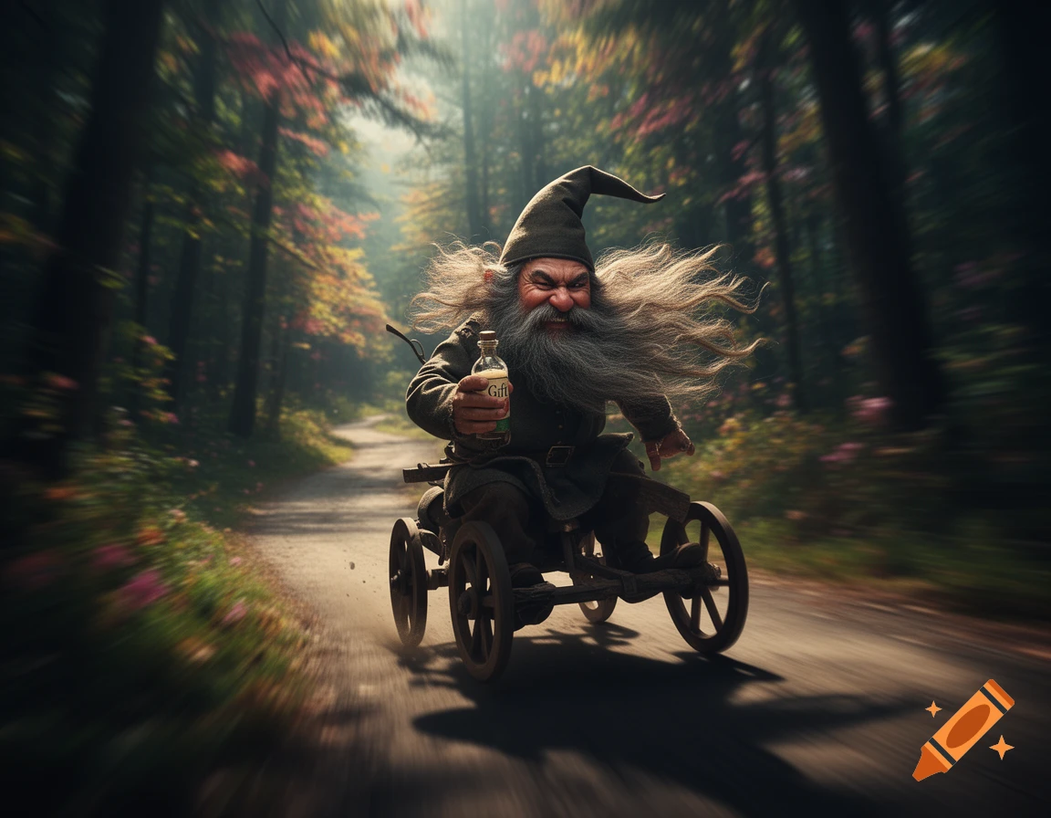 A grumpy gnome with a long beard and pointed hat speeds down a forest path in a wheeled cart, holding a bottle labeled 'Gift'.