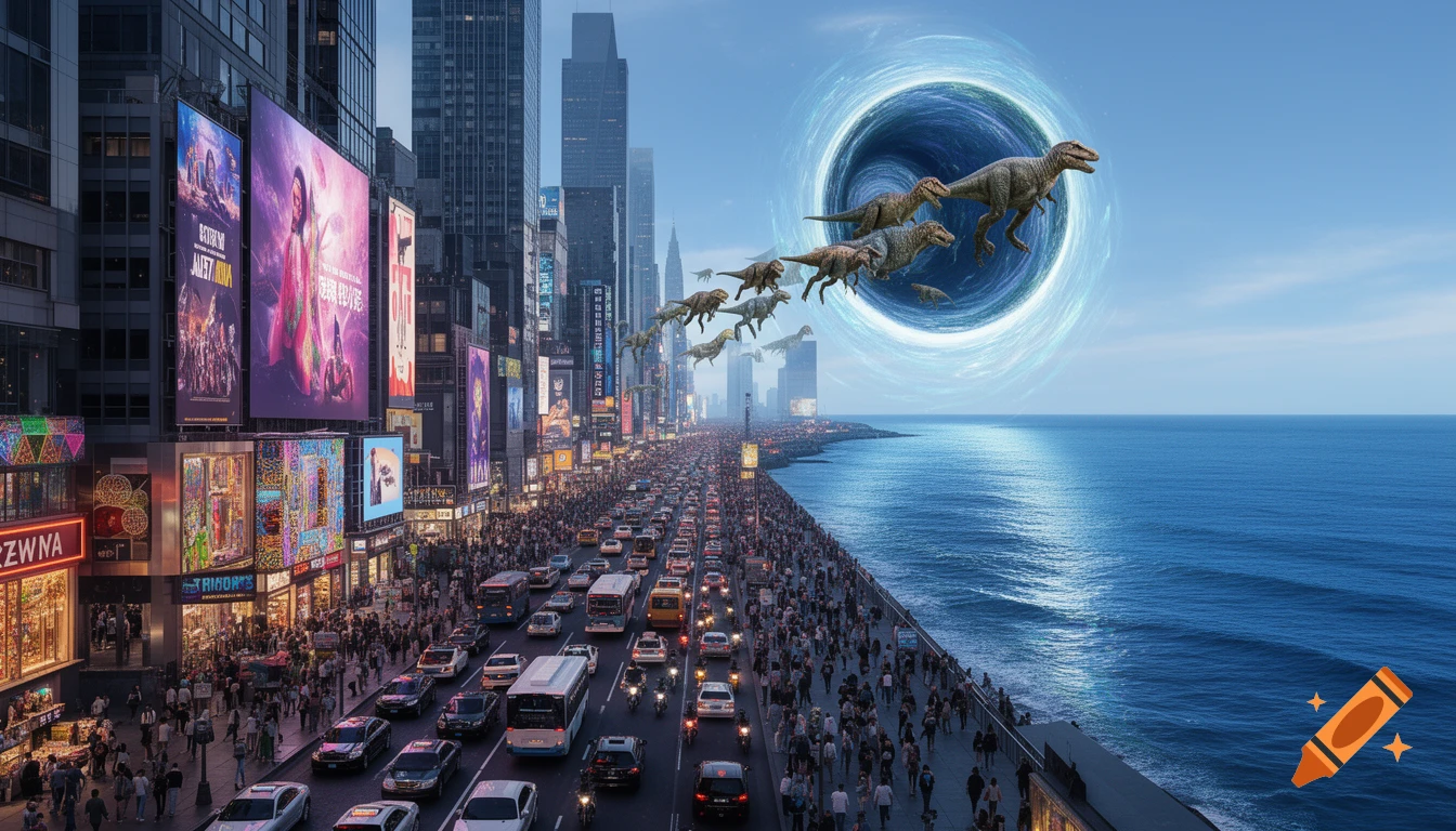 A photorealistic image of a modern city next to an ocean with a massive black portal in the sky from which dinosaurs emerge.