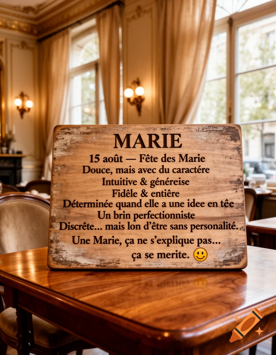 A rustic wooden sign with French text on a polished wooden table in a fancy restaurant setting with large windows.
