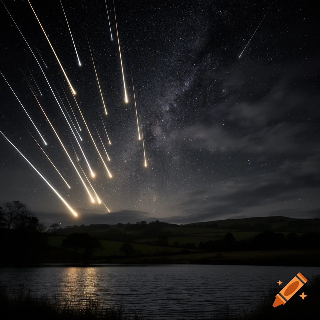 Meteors streak across a star-filled night sky above a dark lake and hills, with light reflecting on the water.