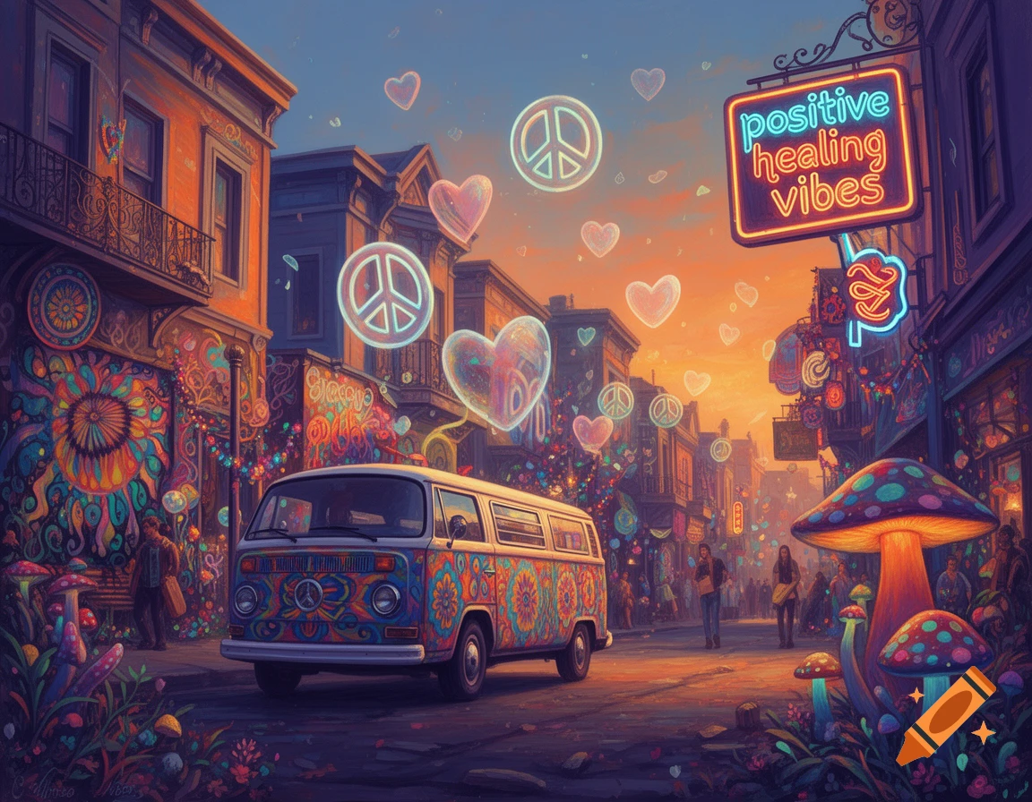 A vibrant, psychedelic street scene at sunset with a hippie van, glowing peace signs, hearts, and neon signs saying "positive healing vibes." Large colorful mushrooms adorn the foreground.