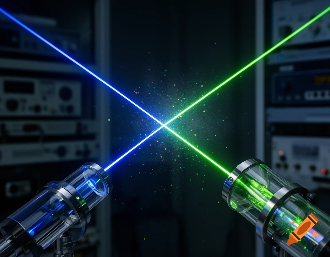 Close-up of two laser emitters, one blue and one green, firing beams that intersect in a dark laboratory setting.