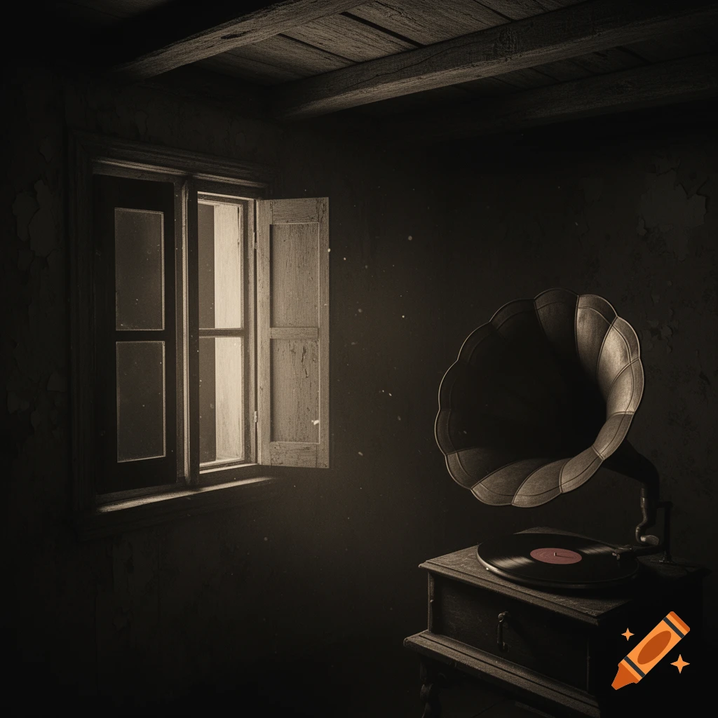 A dimly lit, atmospheric vintage interior with an open window and a gramophone playing a record.