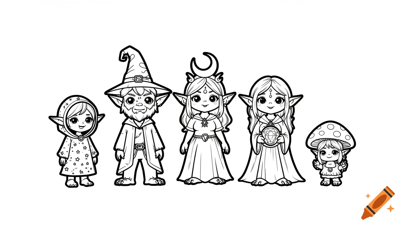 Five black line art fantasy characters in a horizontal line on a white background. From left: a girl in a starry hood, a wizard, a woman with a moon crown, a woman with a crystal ball, and a small girl with a mushroom hat.