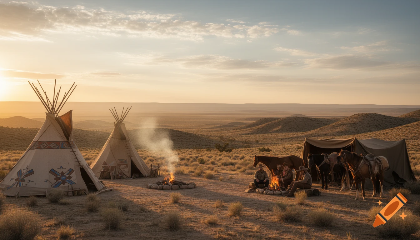 A Wild West camp at sunset, with tipis, cowboys by a campfire, and horses in a vast golden landscape.