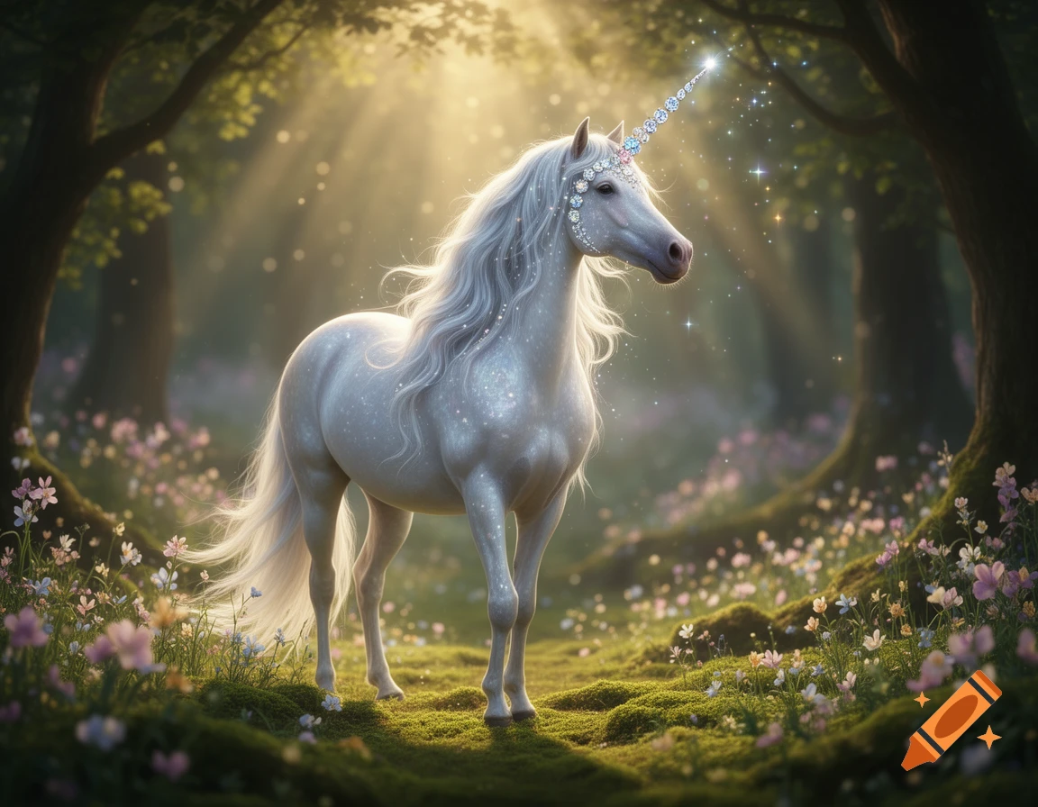 A white unicorn with a sparkling diamond horn stands in a magical sunlit forest with wildflowers.