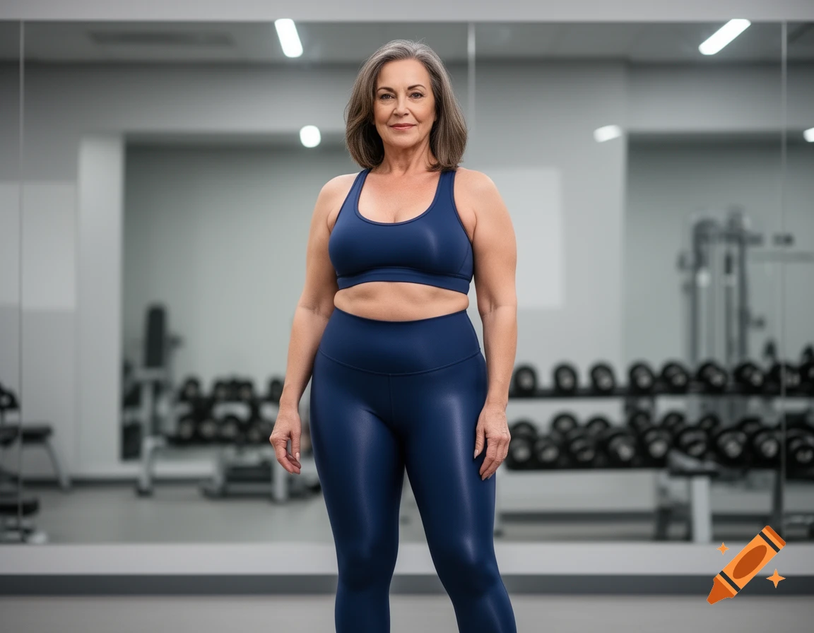 A mature woman in a navy blue sports bra and shiny leggings stands confidently in a gym.