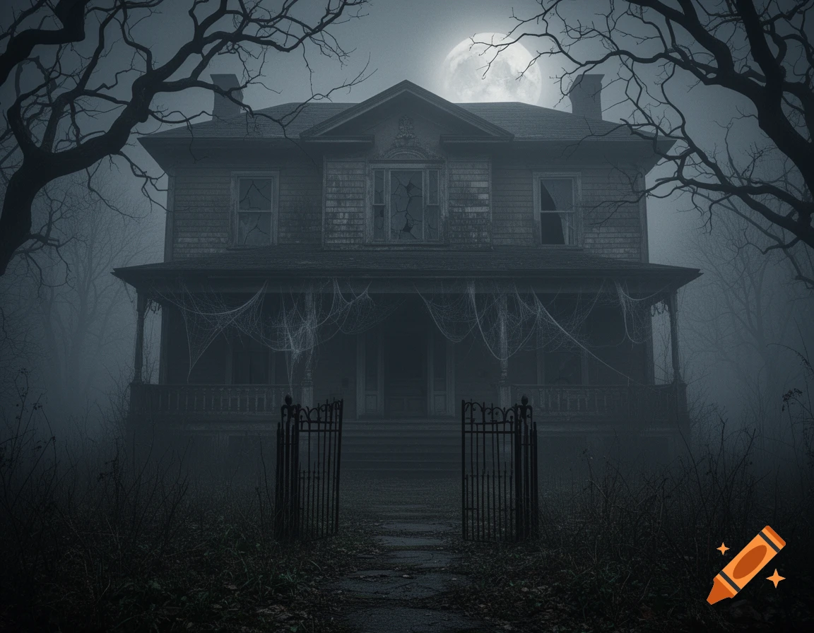 A spooky, dilapidated haunted house shrouded in fog under a full moon, with bare trees and a broken gate.