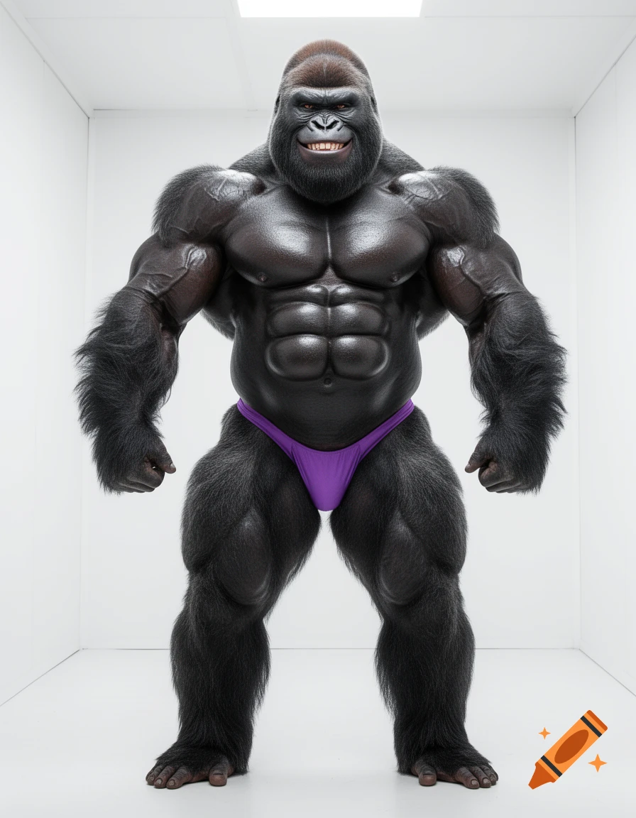 Photorealistic muscular gorilla-human hybrid bodybuilder in a purple thong, smiling in a white room.