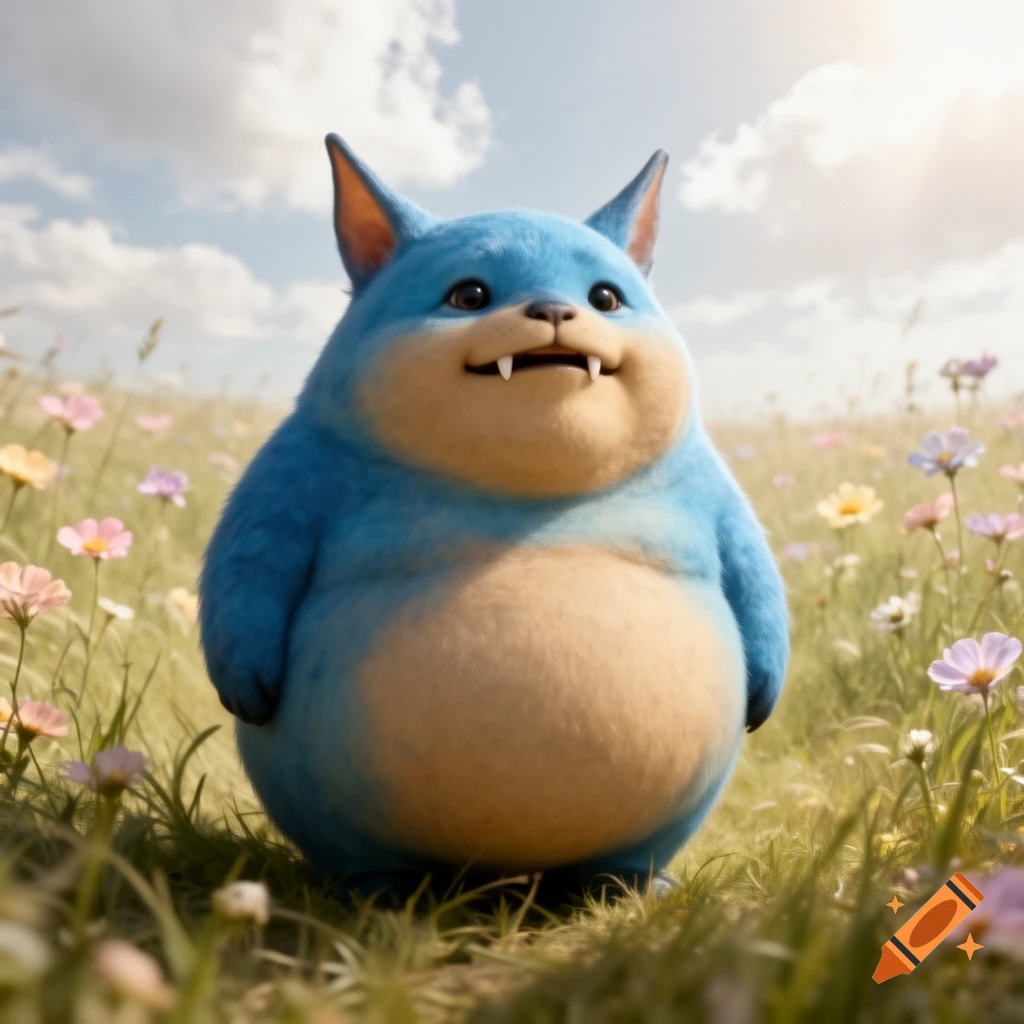 A photorealistic, cute, blue, chubby fantasy creature with fangs and pointy ears stands in a field of colorful wildflowers under a sunny sky.