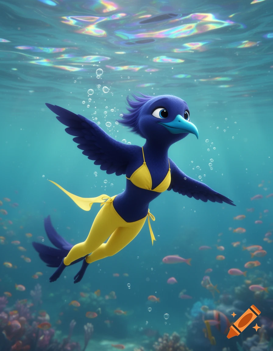 Animated dark blue bird character in a yellow bikini and pants swimming underwater with fish and coral.