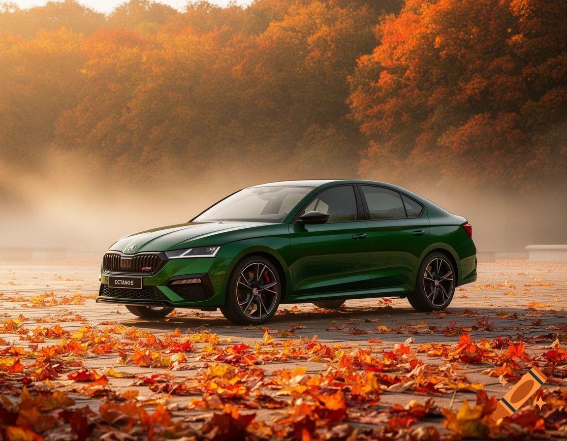 A dark green Skoda Octavia RS sedan parked on a leaf-strewn paved area amidst a misty autumn forest with golden foliage.
