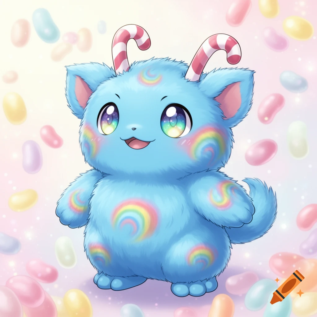 A fluffy blue monster with candy cane horns and rainbow markings, smiling happily amidst colorful jelly beans in an anime style.