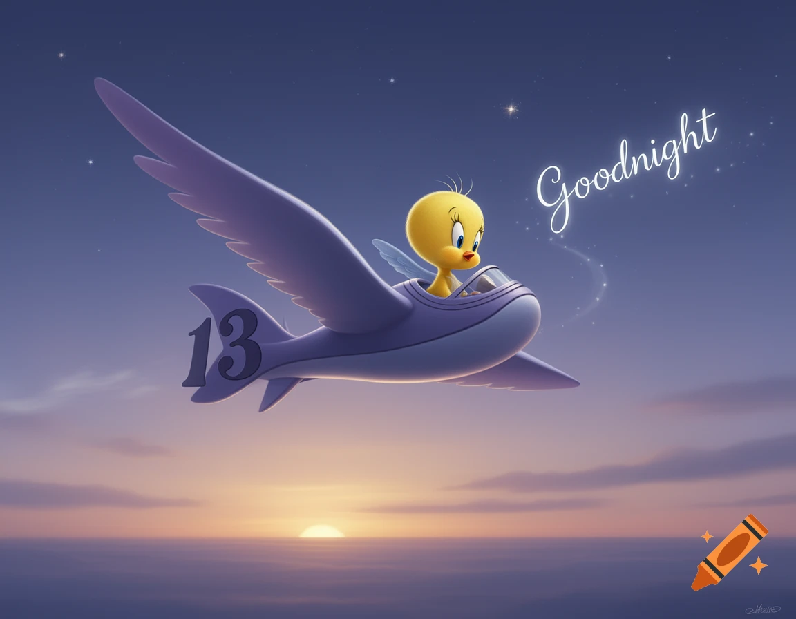 Cartoon Tweety Bird in a white glider with '13' on the tail, flying past 'Goodnight' text in a sunset sky.