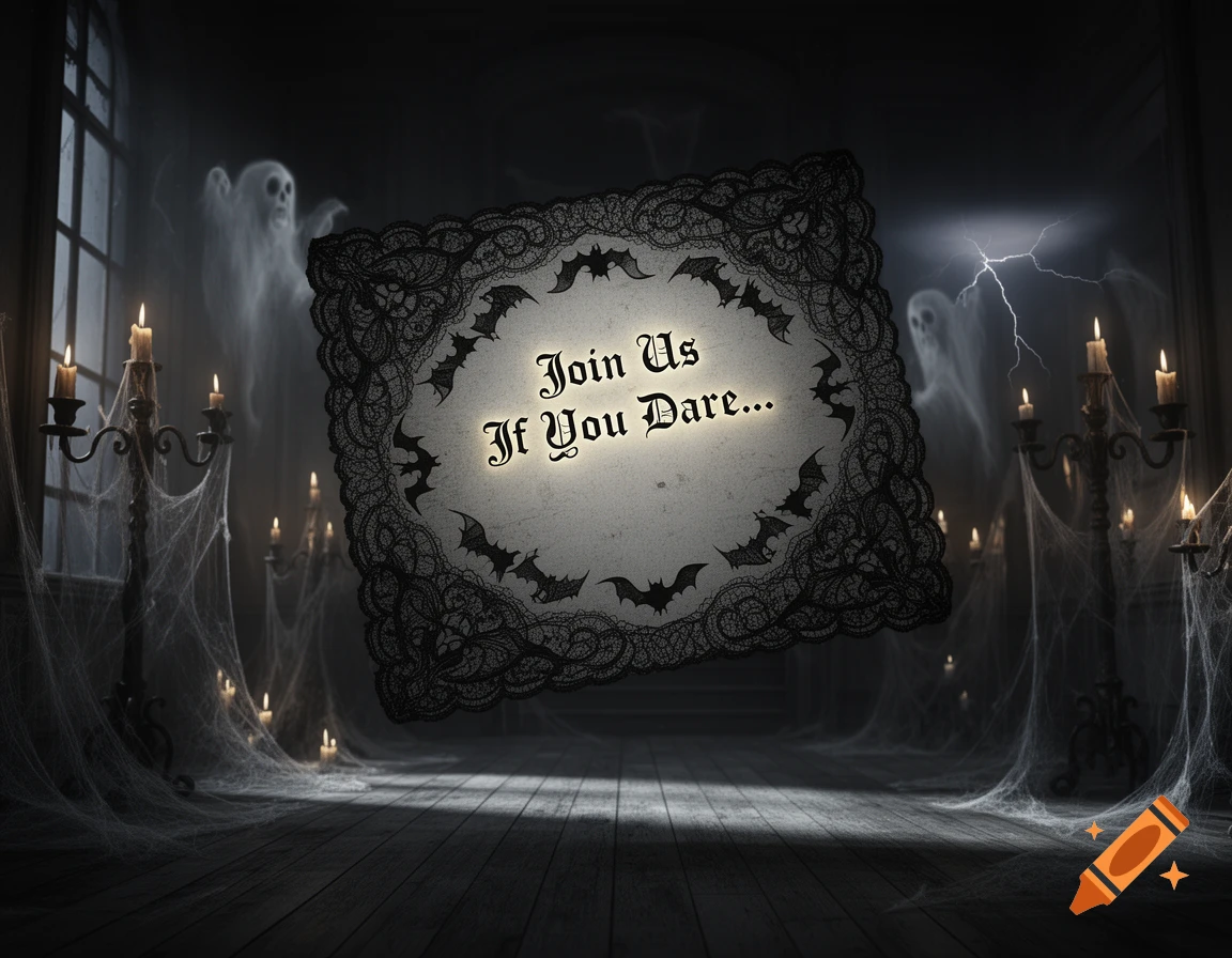 Dark Halloween invitation with 'Join Us If You Dare...' text on a floating frame, surrounded by bats and lace, in a haunted mansion with ghosts, candelabras, and cobwebs.