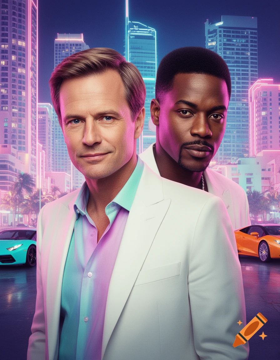Two men in white suits against a neon-lit 80s city background with luxury cars, evoking a retro aesthetic.