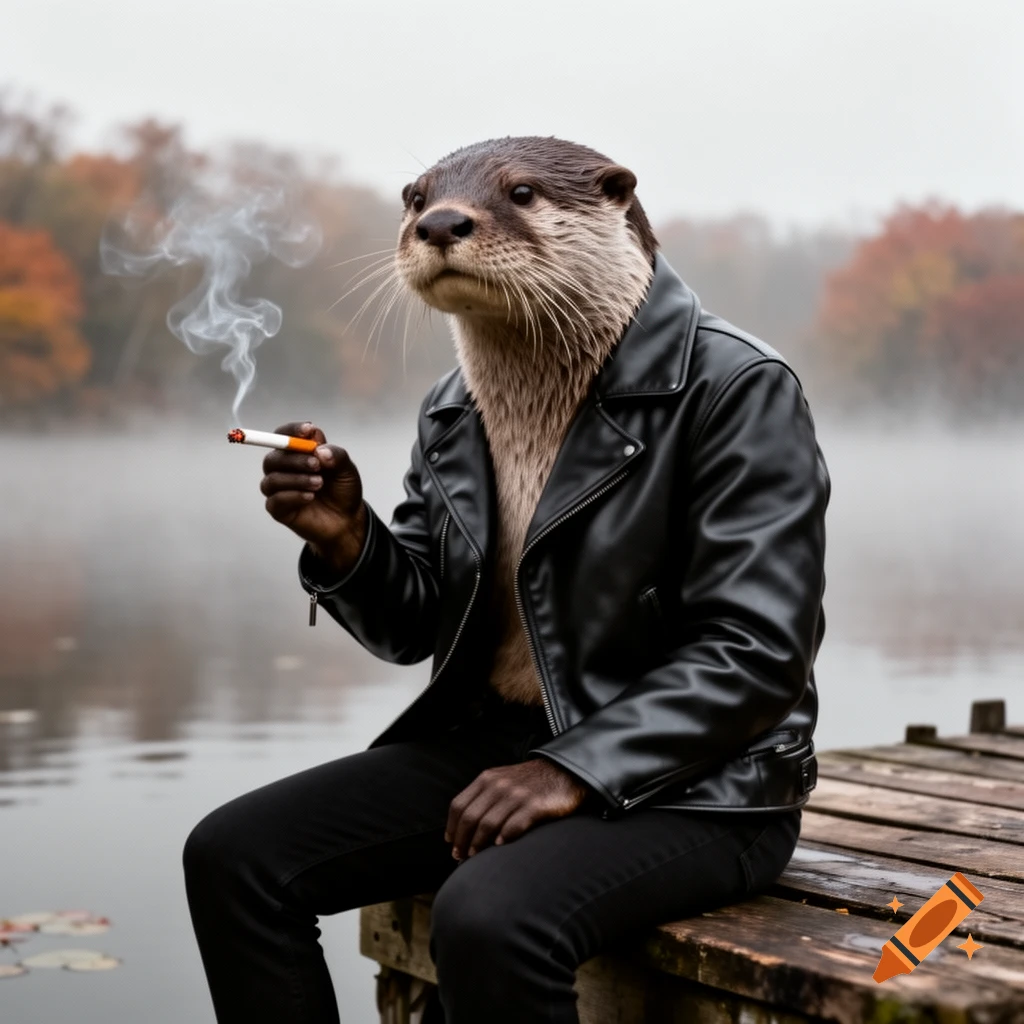 An anthropomorphic otter in a black leather jacket sits on a wooden dock by a misty lake, smoking a cigarette.