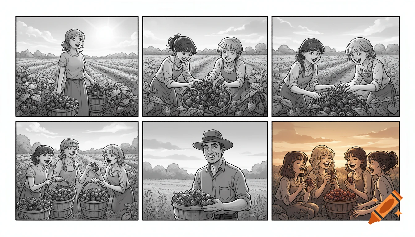 A six-panel black and white comic illustration showing people, including women and a man, happily harvesting berries in a sunny field.