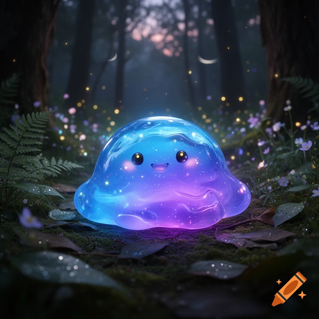 A cute, glowing blue and purple slime creature sits on a dark forest floor among fireflies and tiny flowers.