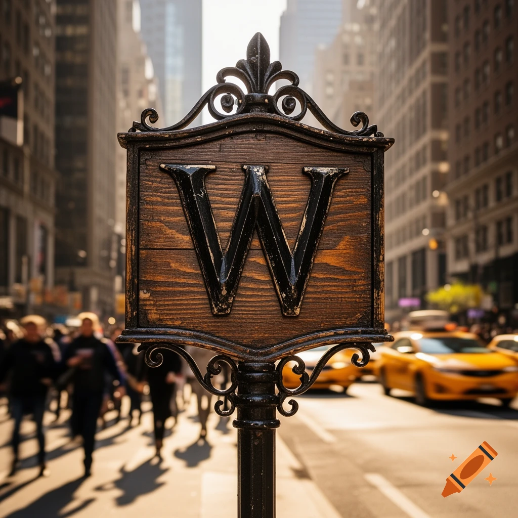 A large, ornate black cast iron sign with a wooden plaque featuring a prominent 'W' stands in a bustling city street with blurred people and yellow taxis.