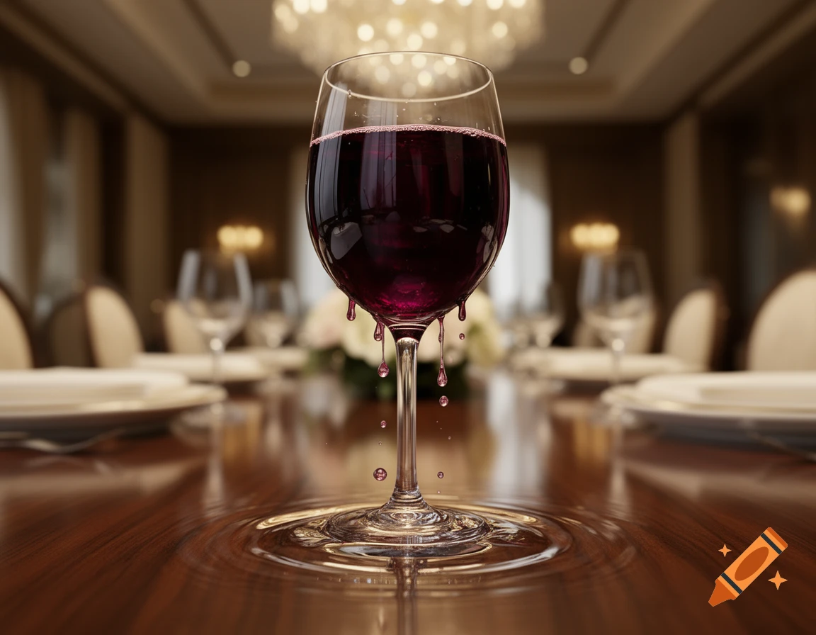Photorealistic red wine glass overflowing, dripping onto a polished wooden table in a formal dining room.
