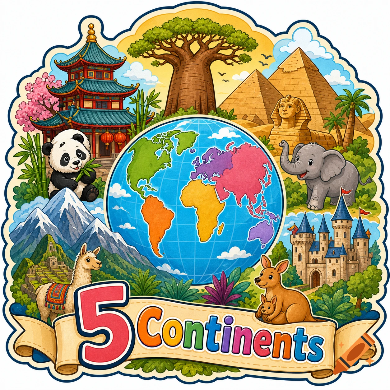 A colorful illustration featuring a globe surrounded by landmarks like a pagoda, pyramids, a castle, and animals like a panda, elephant, llama, and kangaroo, with the text "5 Continents" on a banner.