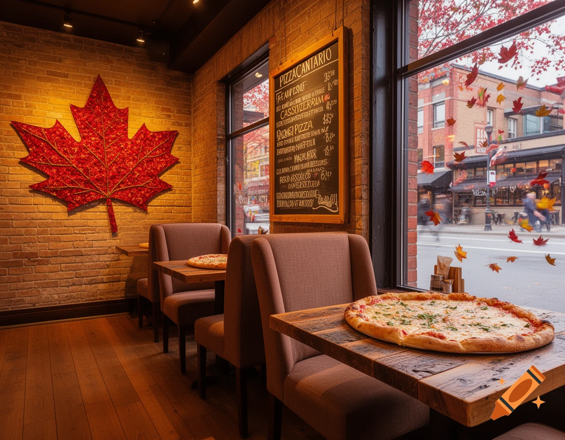 A cozy pizzeria interior with a large red maple leaf decor on a brick wall, tables with pizzas, and a street view with falling autumn leaves through a window.