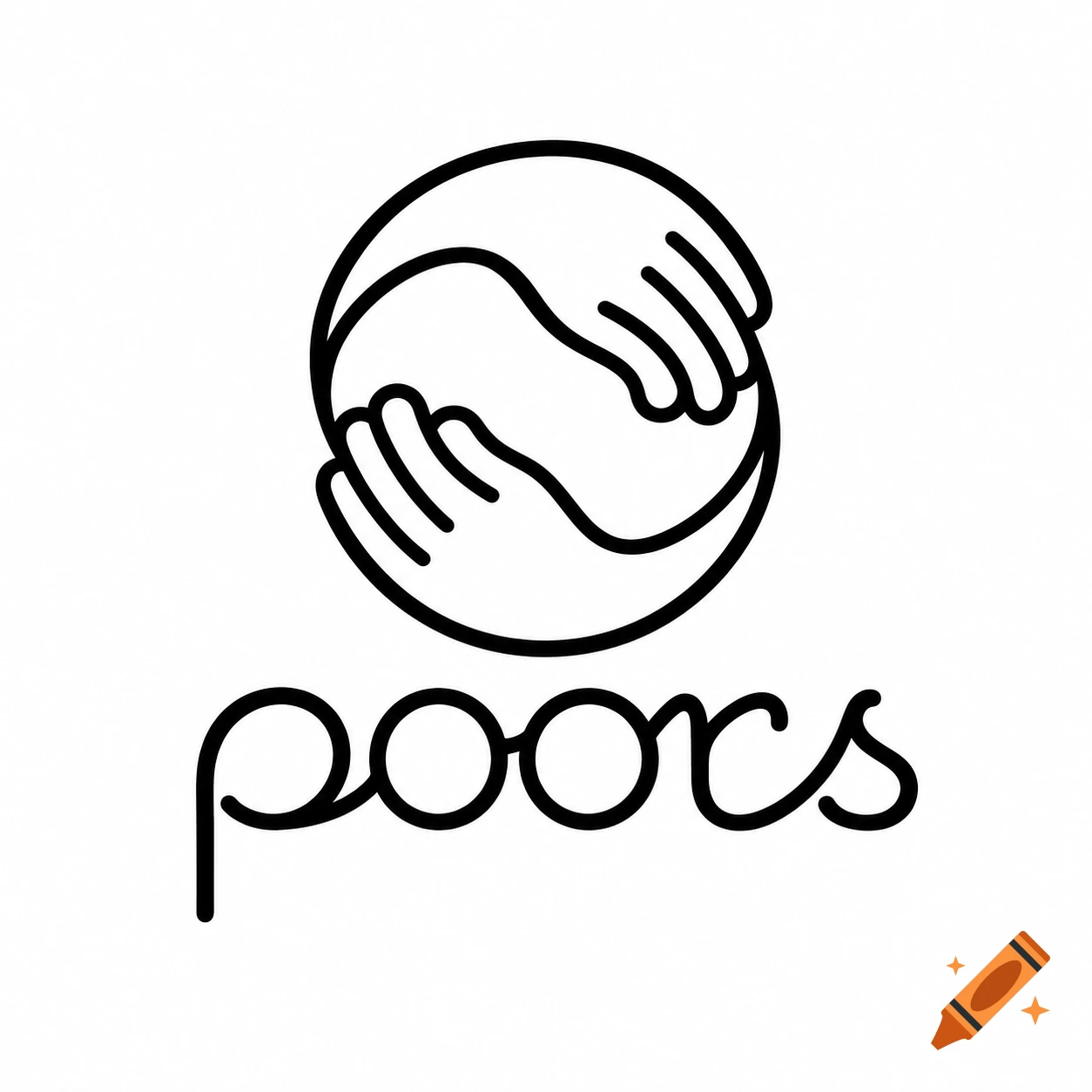 Black and white line art logo featuring two hands intertwined within a circle, with the word "poors" written below.