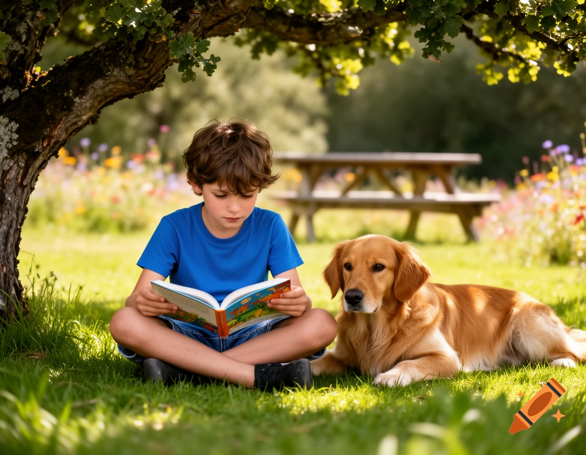 A boy in a blue shirt reads a book under a tree with a golden retriever lying beside him in a sunny field.