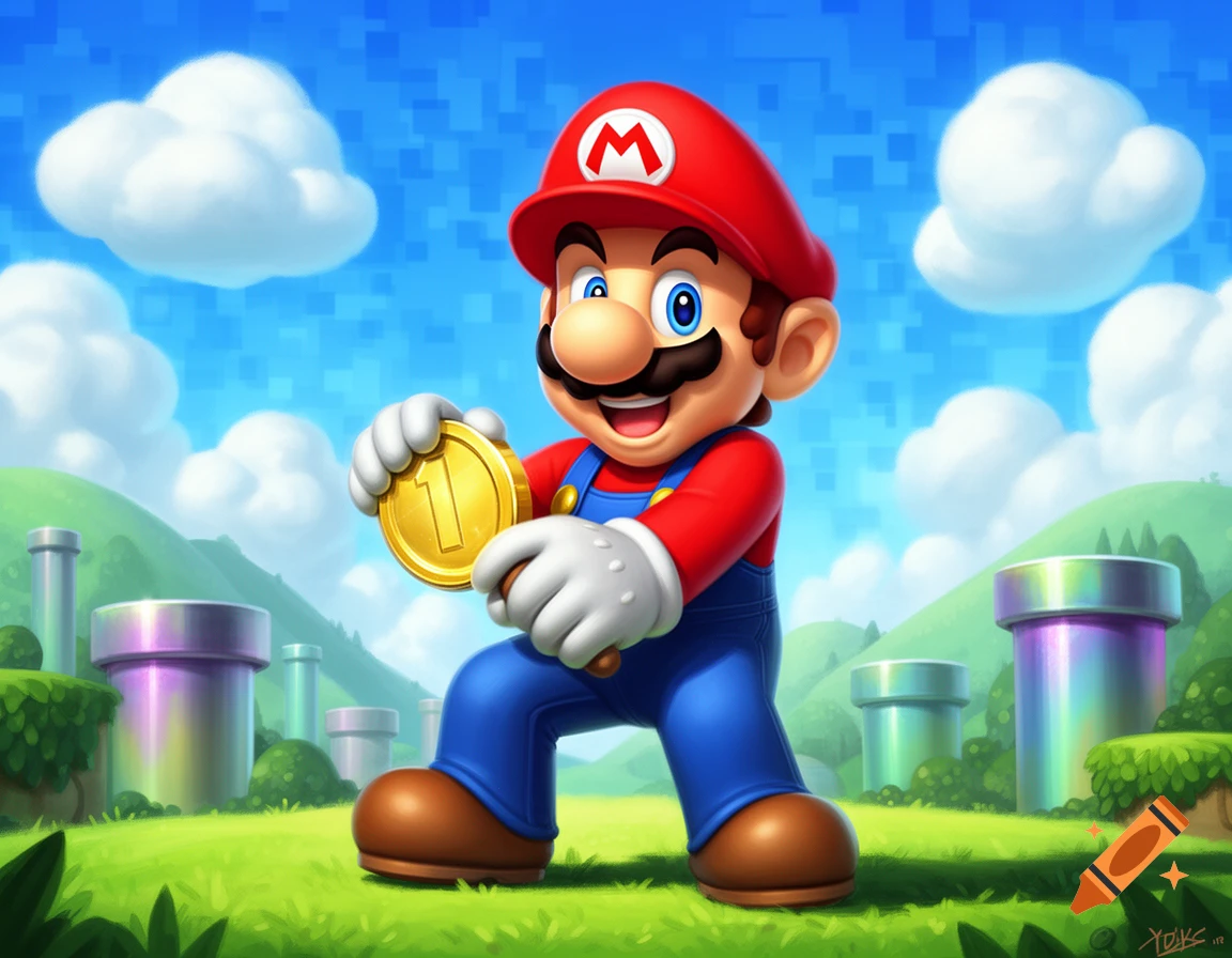 Cartoon Mario holds a golden coin in a vibrant, grassy landscape with pipes and clouds under a bright blue sky.