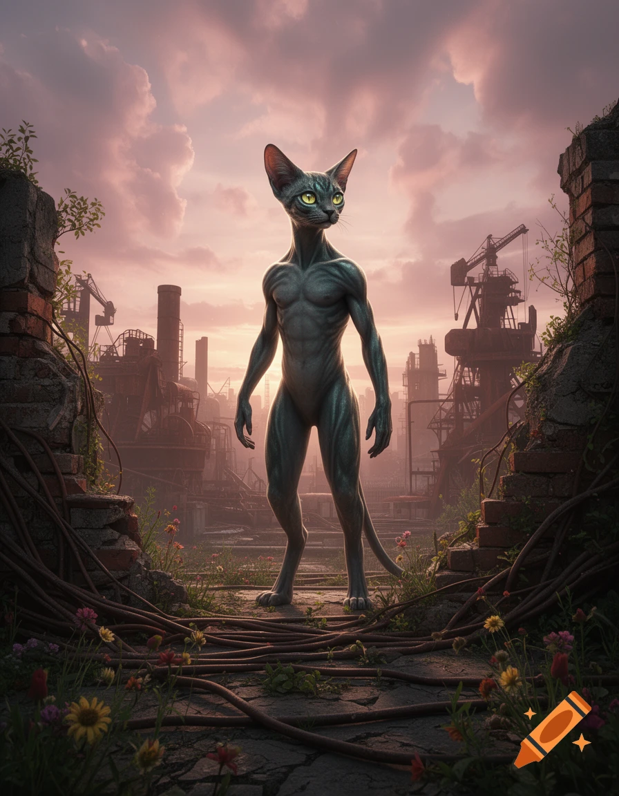 A muscular, grey, hairless, humanoid cat-like creature with glowing yellow eyes stands in a desolate, overgrown industrial ruin under a pink sunset sky.