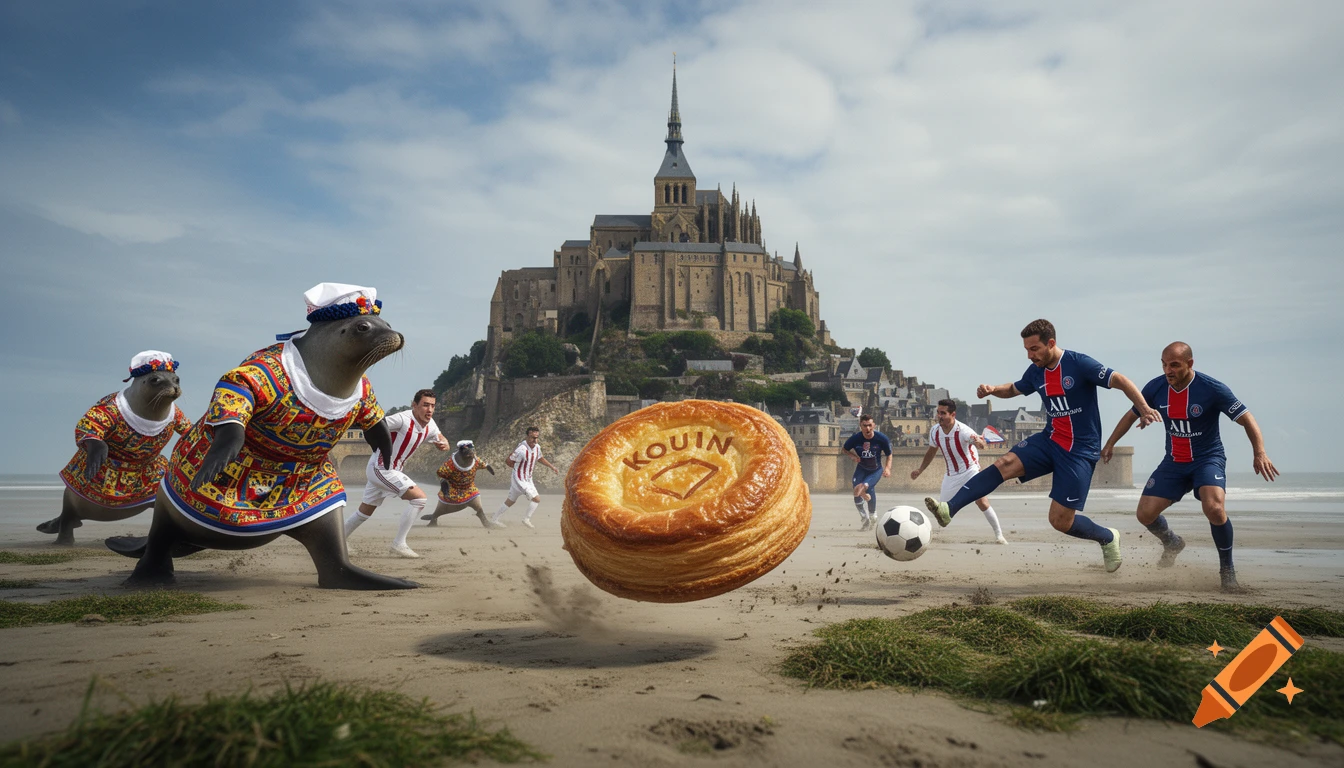 Seals in Breton costumes play soccer with PSG players, using a large Kouign-amann pastry as a ball, on a beach with Mont Saint-Michel in the background. Photorealistic.