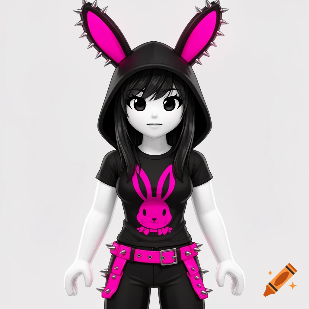 Anime-style Roblox character with white skin, black hair, wearing a black hoodie with spiked pink bunny ears, black shirt with pink bunny, and black pants with spiked pink belts.