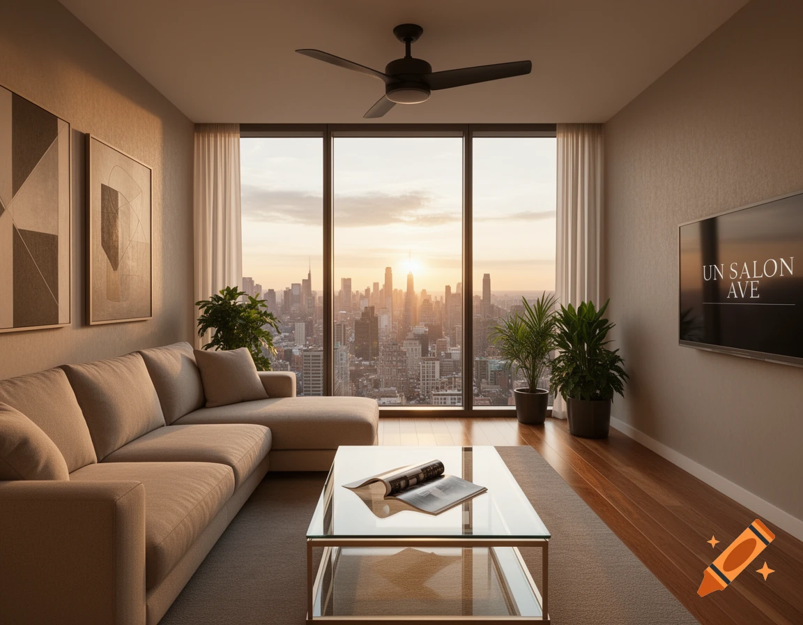 Photorealistic image of a modern living room with a beige sectional sofa, glass coffee table, and large window overlooking a city skyline at sunset.