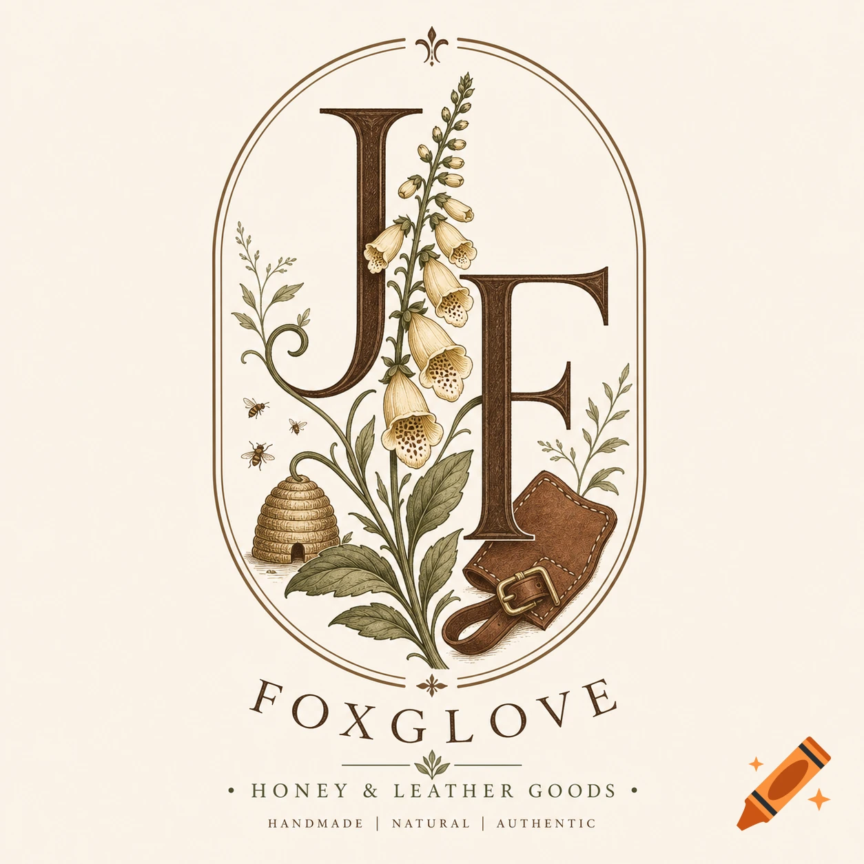 Vintage logo with initials J and F, foxglove plant, bees, beehive, and leather strap, above 'FOXGLOVE' and 'HONEY & LEATHER GOODS'.