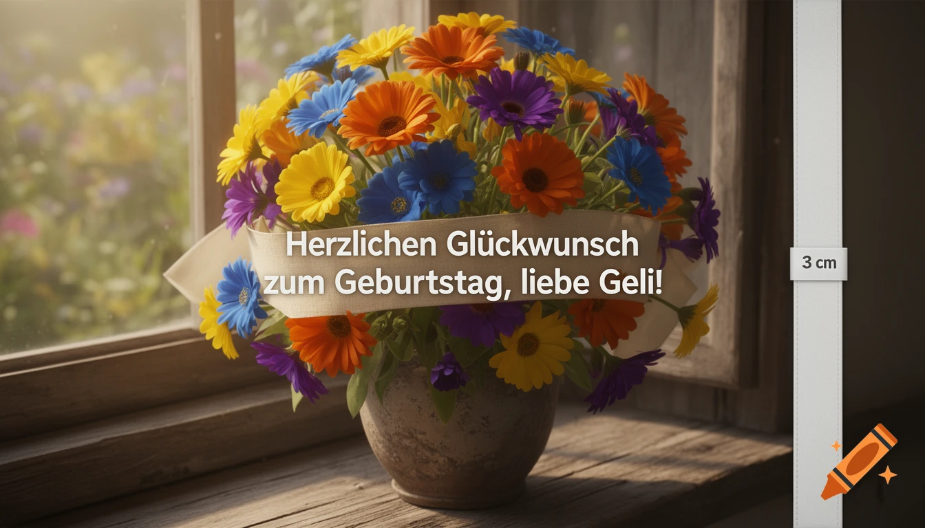 A vibrant bouquet of orange, blue, purple, and yellow calendula flowers in a rustic vase on a sunny wooden windowsill, with a banner reading "Herzlichen Glückwunsch zum Geburtstag, liebe Geli!"