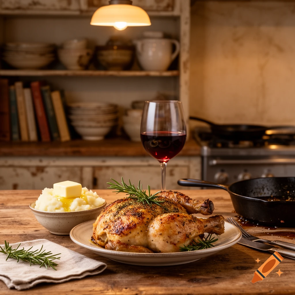 A photorealistic image of a roasted chicken dinner with mashed potatoes and red wine on a rustic wooden table in a kitchen.