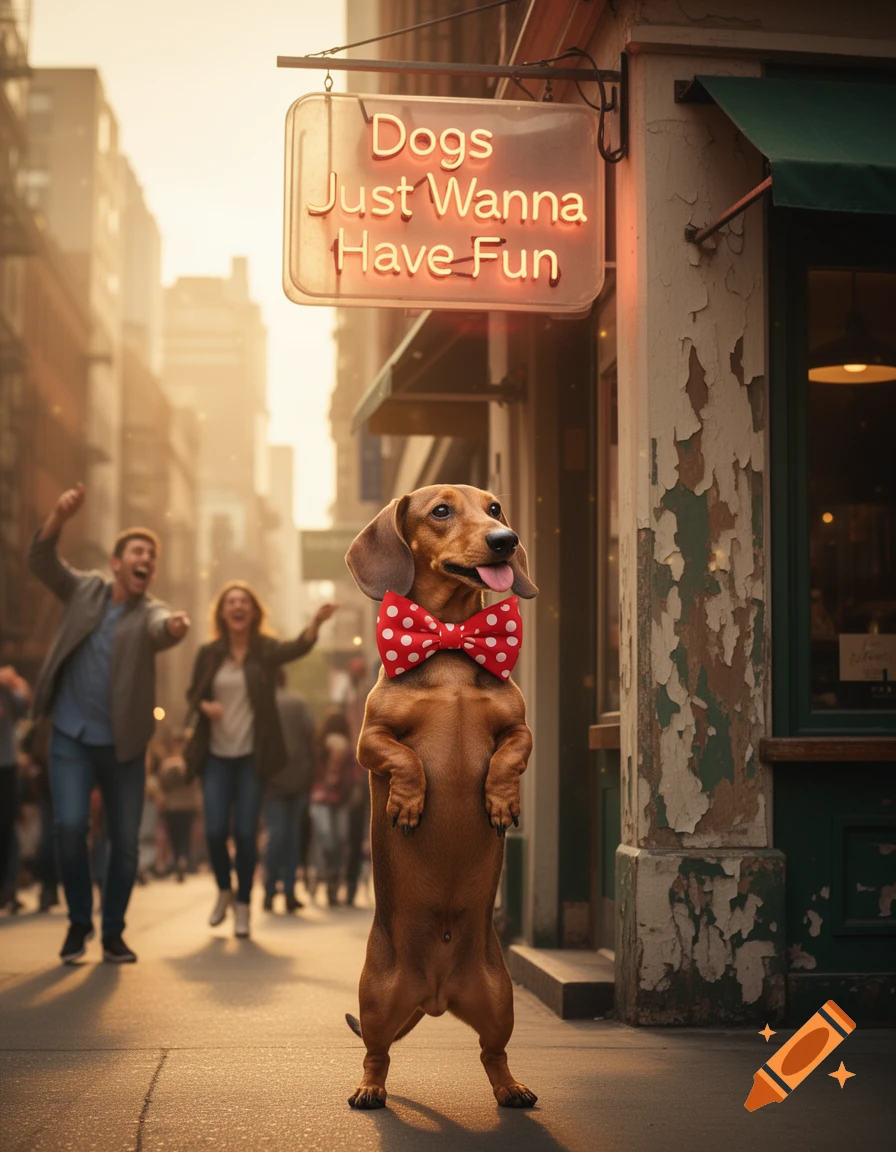 A photorealistic image of a dachshund in a red bow tie standing on a city street under a neon sign saying "Dogs Just Wanna Have Fun".