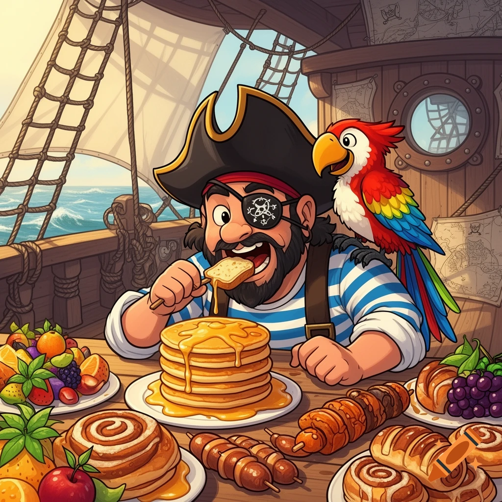 A cartoon pirate with an eyepatch eats pancakes and other food on a ship, a parrot on his shoulder.
