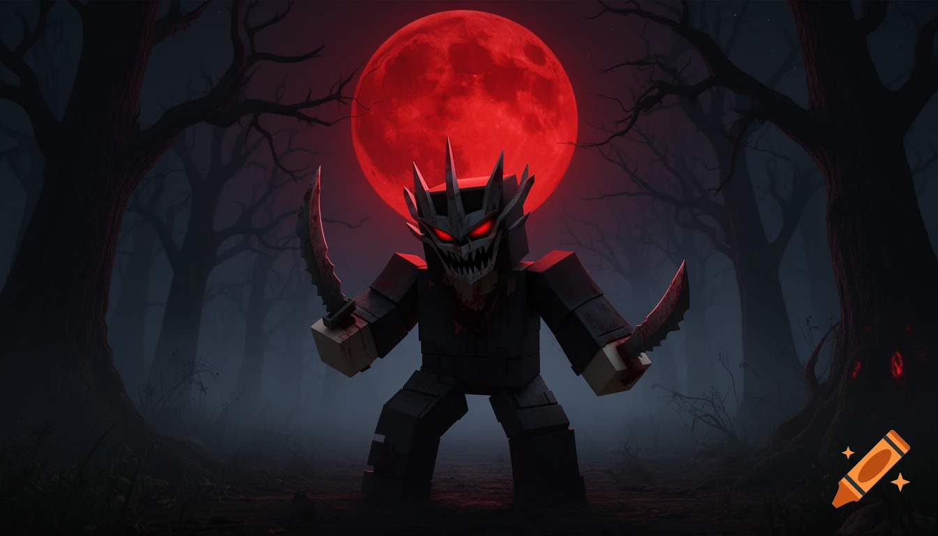 A menacing blocky killer character with glowing red eyes stands in a dark, misty forest under a blood-red moon, holding two blades.
