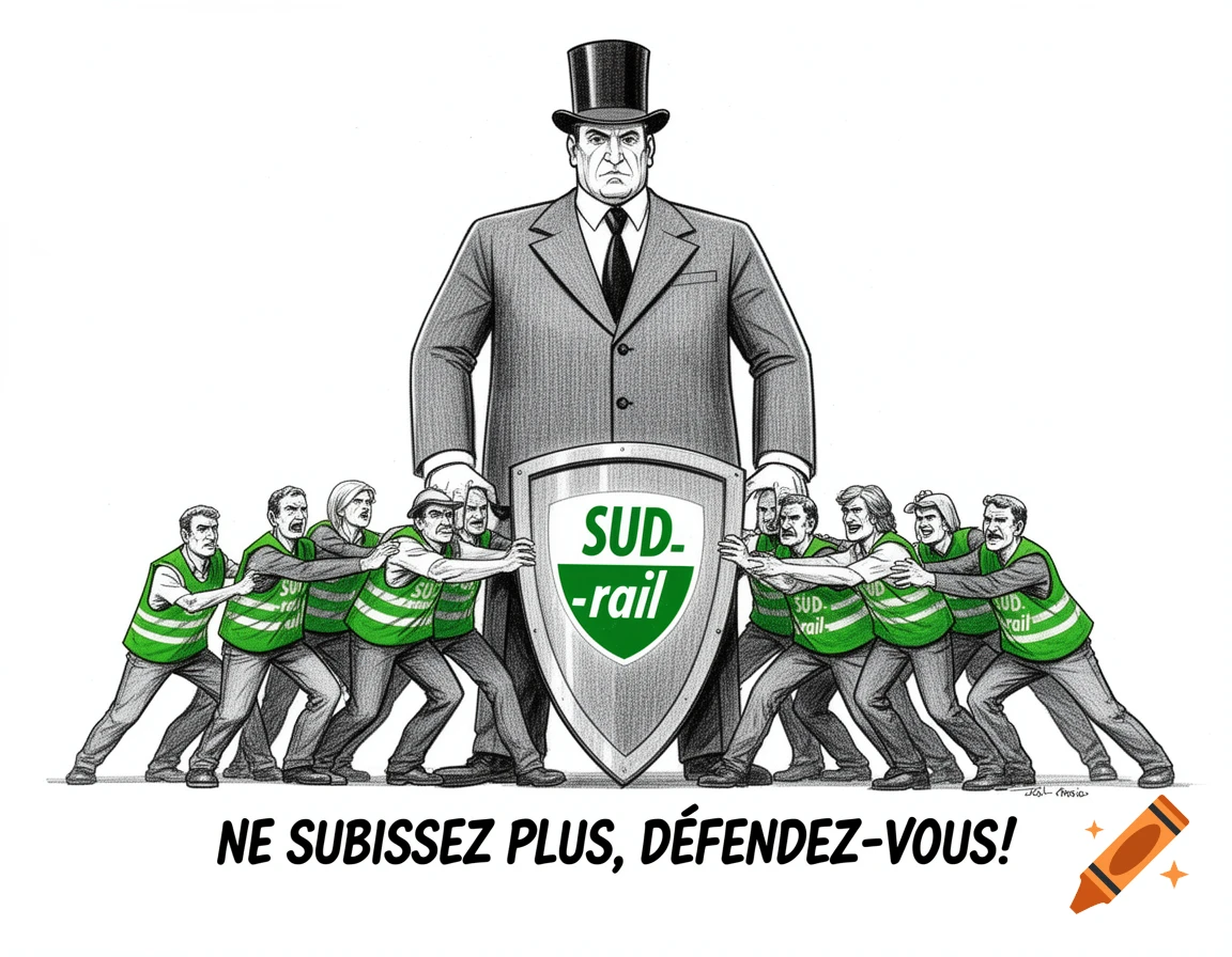 Cartoon of union workers in green vests pushing a SUD-rail shield against a boss in a top hat, with text "NE SUBISSEZ PLUS, DÉFENDEZ-VOUS!".