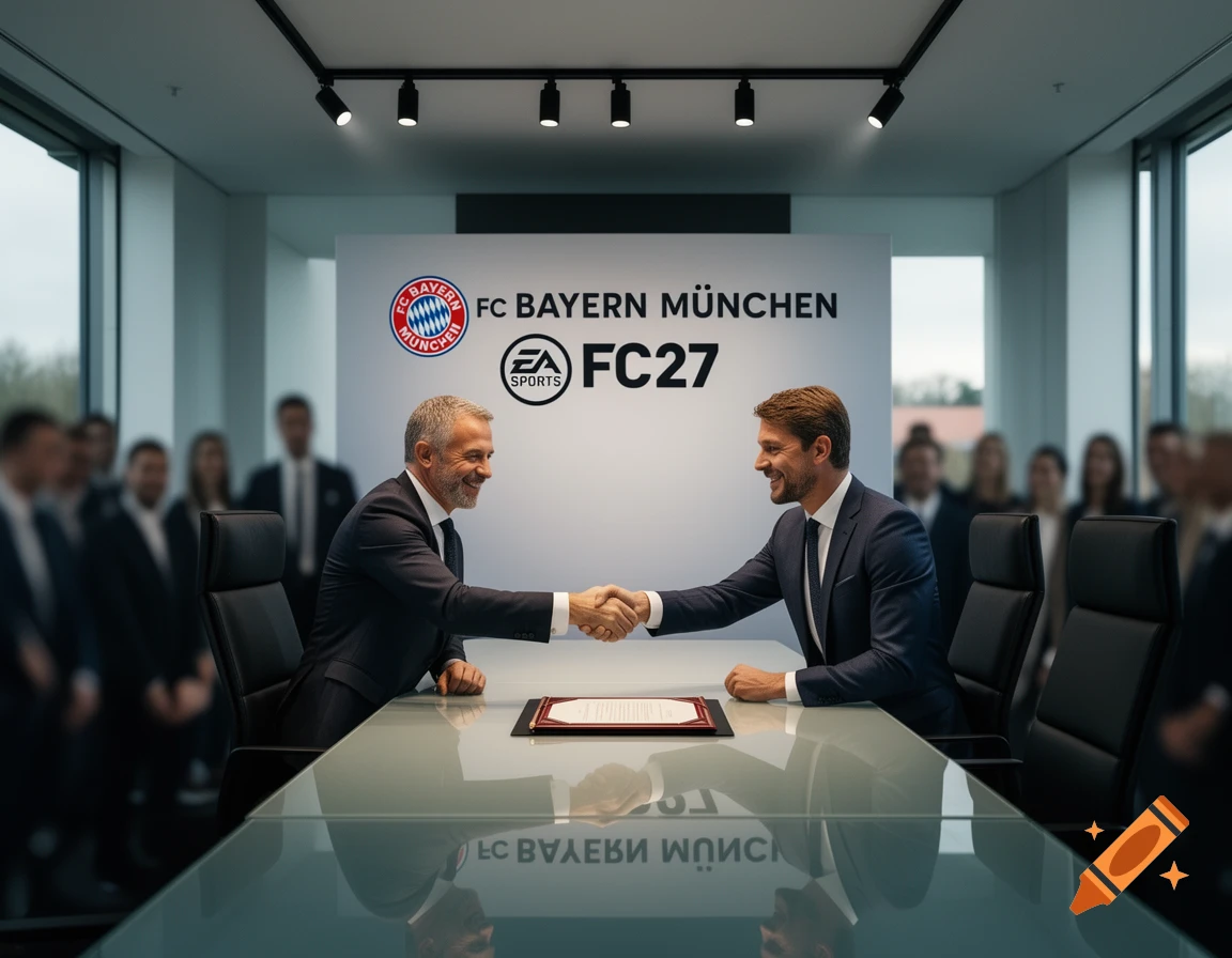 Two smiling men in suits shake hands over a contract at a conference table, with FC Bayern M 00FCnchen and EA Sports FC27 logos on a banner behind them in a modern office.
