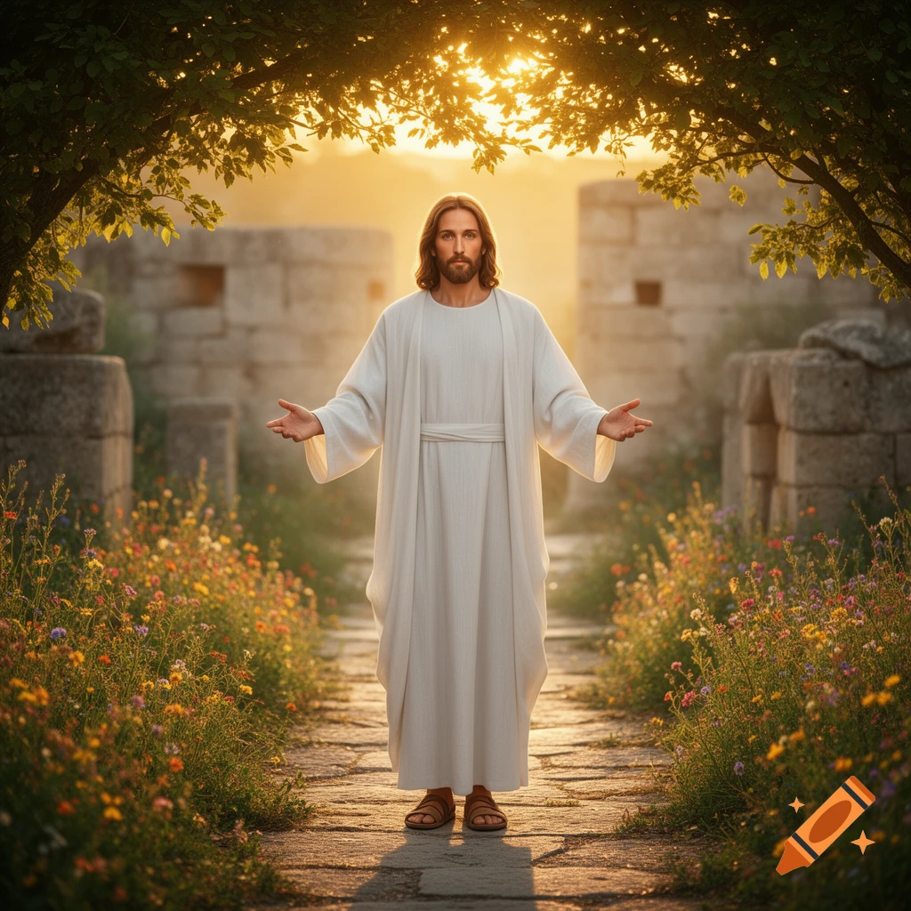 Jesus with outstretched arms on a stone path amidst wildflowers, with a golden sunset through trees and ancient ruins.