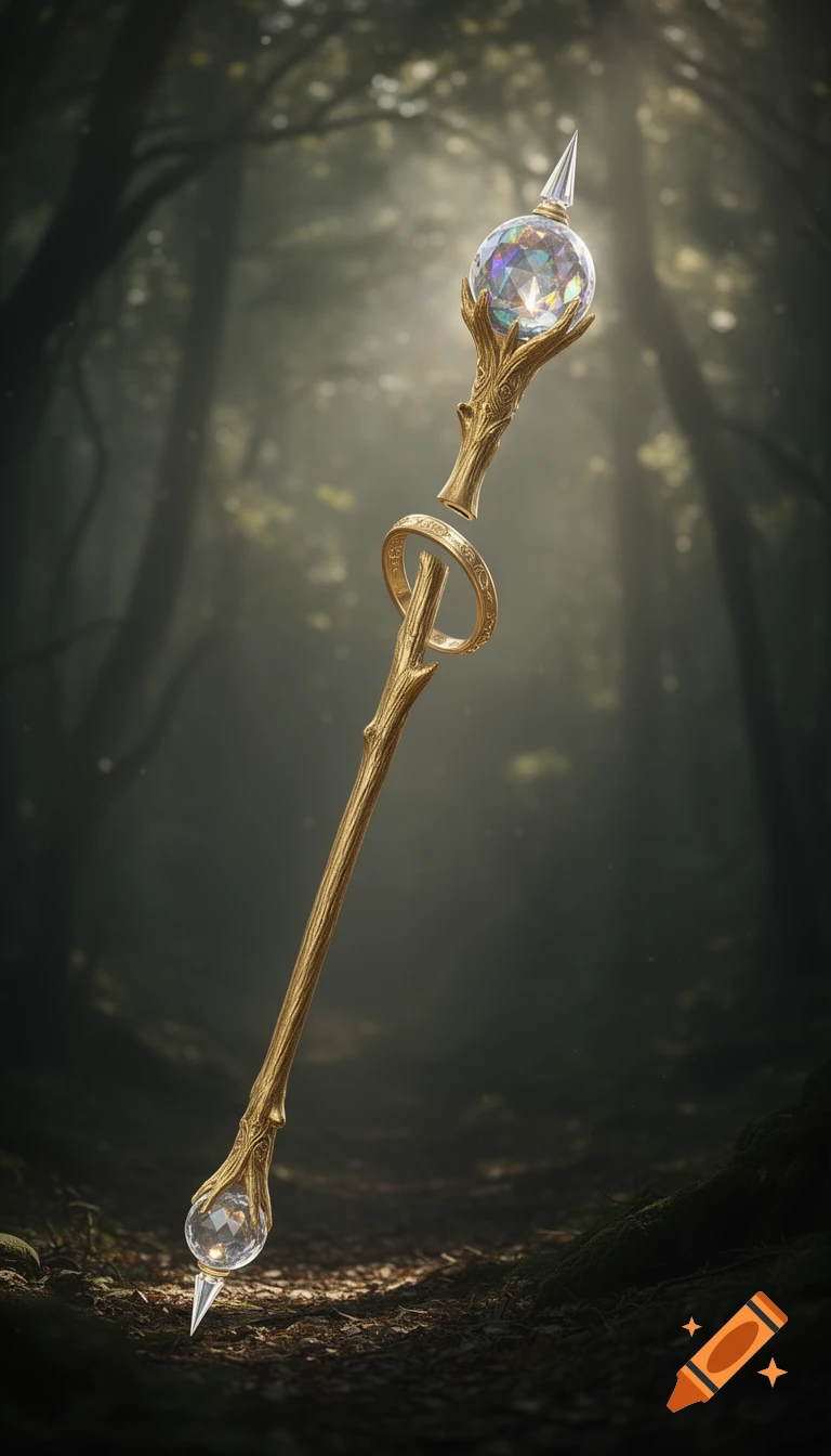 Golden, tree branch-like wizard's staff with faceted crystal balls and spikes, broken by a golden ring, in a dark, misty forest.