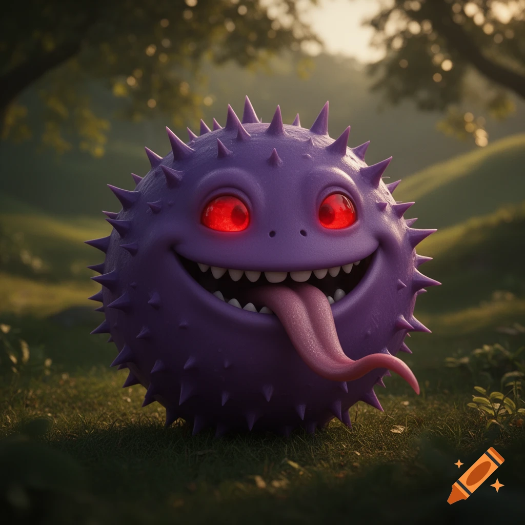 A round, spiky purple creature with glowing red eyes and a long tongue smiles in a grassy forest setting.