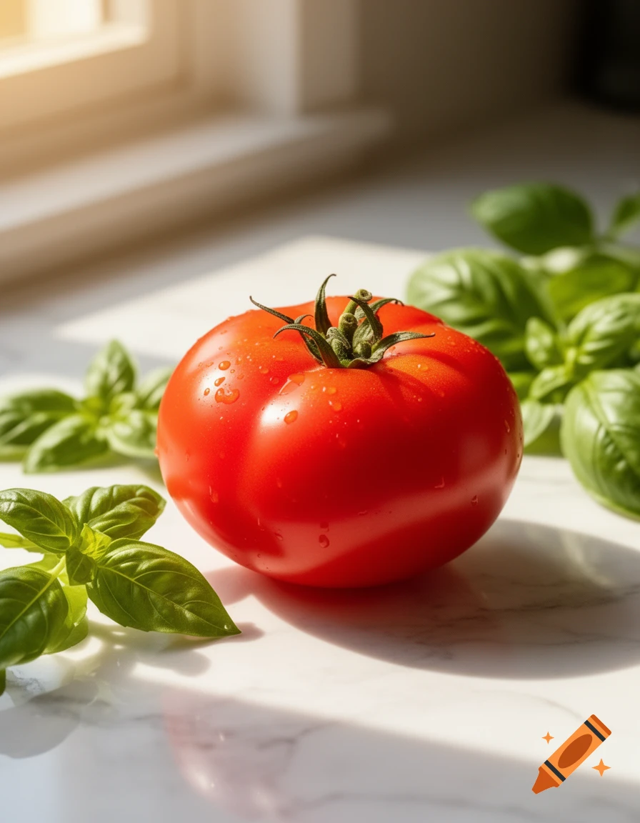 A vibrant red tomato covered in water droplets sits on a white marble surface next to fresh basil leaves, illuminated by sunlight.