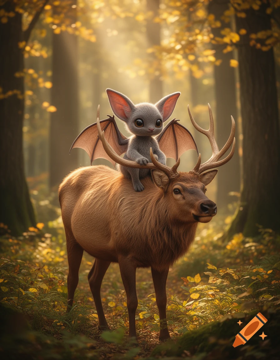 A cute, large-eyed bat creature with small wings sits on the back of an elk in a sun-dappled autumn forest.