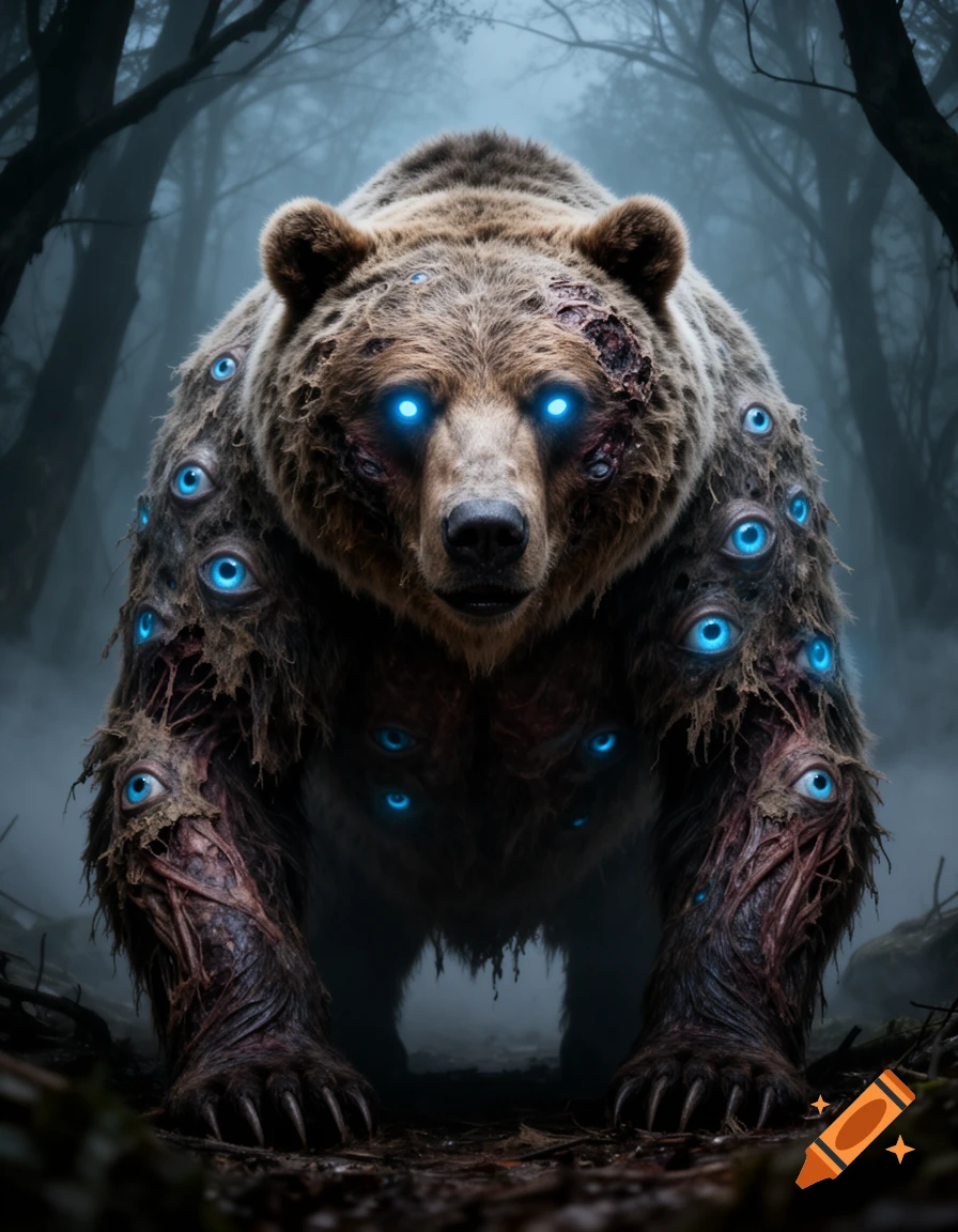 A Dungeons & Dragons style portrait of a large, necrotic bear with glowing blue eyes on its face and body in a dark, foggy forest.